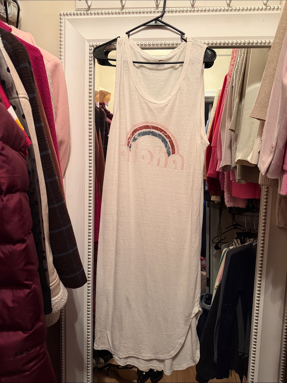 aerie Cream Tank Sleep Dress with Retro Rainbow Graphic